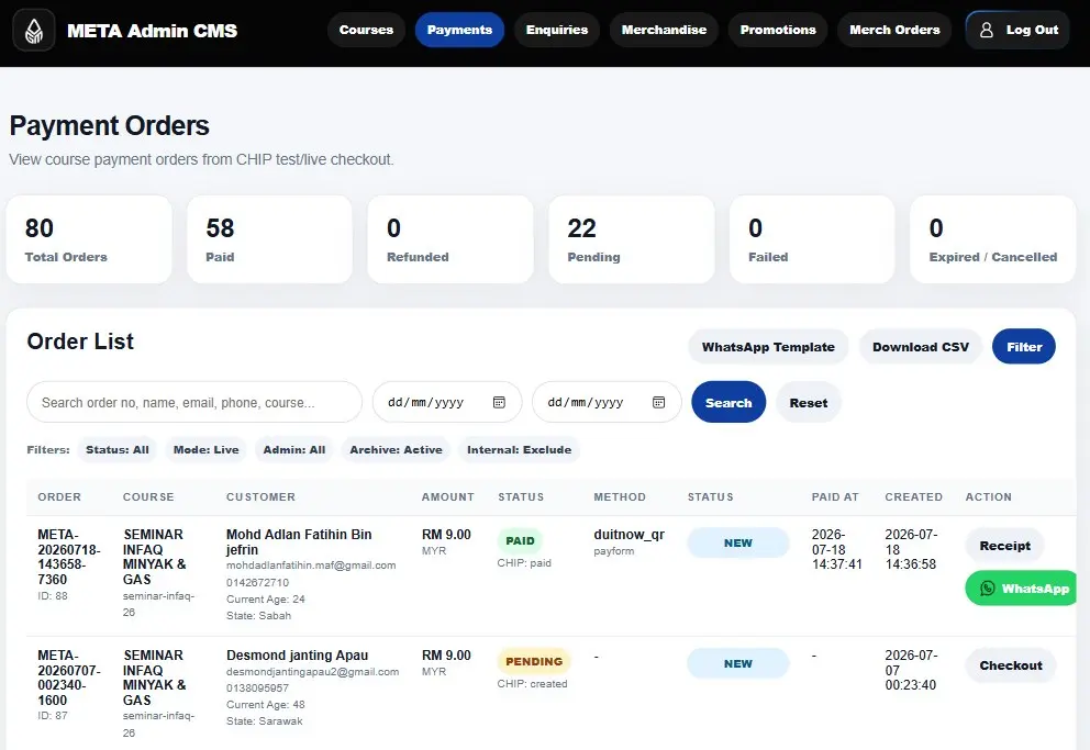 META Oil and Gas course and payment administration interface