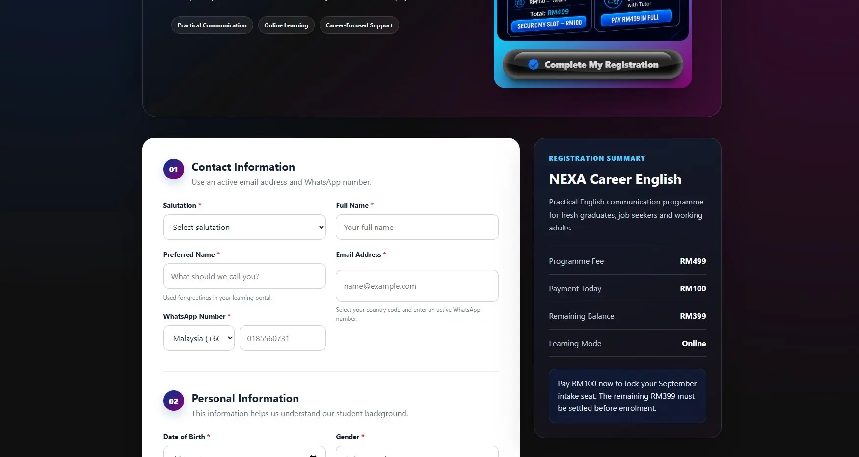 NEXA Academy course registration interface